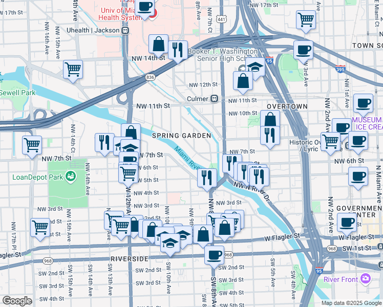 map of restaurants, bars, coffee shops, grocery stores, and more near 700N Northwest North River Drive in Miami
