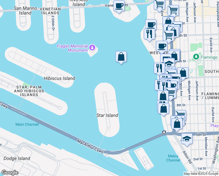 map of restaurants, bars, coffee shops, grocery stores, and more near 23 East Star Island Drive in Miami Beach