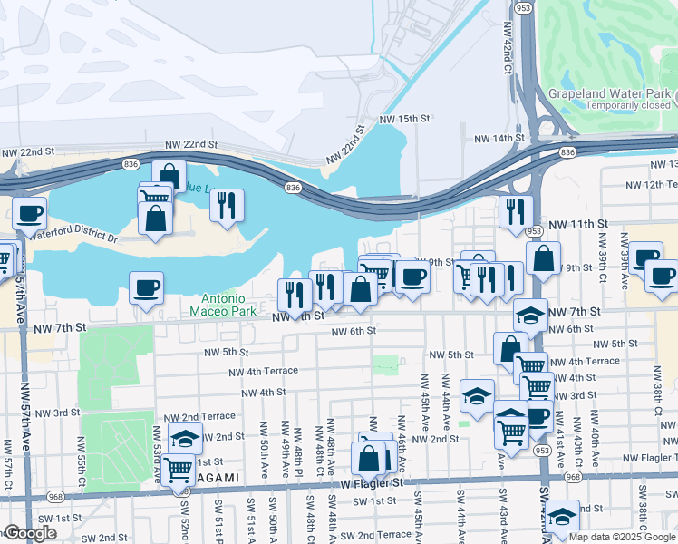 map of restaurants, bars, coffee shops, grocery stores, and more near 4805 Northwest 7th Street in Miami