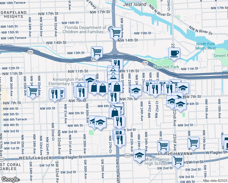 map of restaurants, bars, coffee shops, grocery stores, and more near 714 Northwest 27th Avenue in Miami