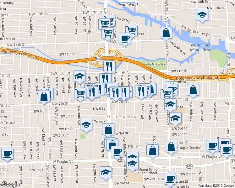 map of restaurants, bars, coffee shops, grocery stores, and more near 747 Northwest 26th Avenue in Miami