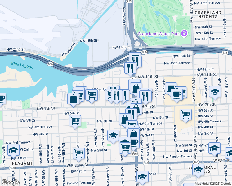 map of restaurants, bars, coffee shops, grocery stores, and more near 4301 Northwest 8th Terrace in Miami