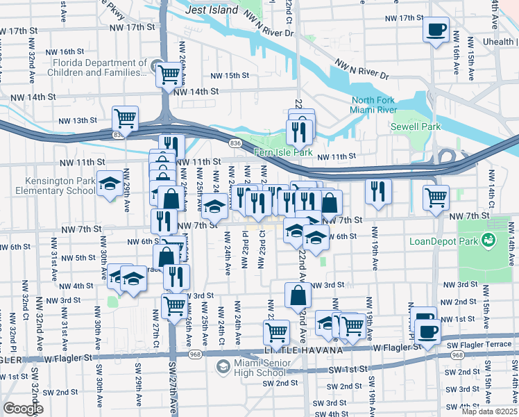 map of restaurants, bars, coffee shops, grocery stores, and more near 744 Northwest 23rd Avenue in Miami