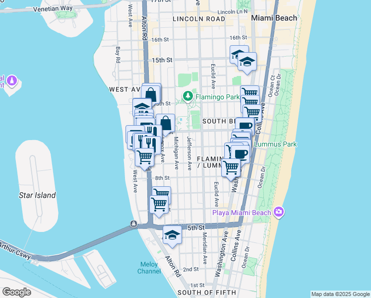 map of restaurants, bars, coffee shops, grocery stores, and more near 960 Jefferson Avenue in Miami Beach