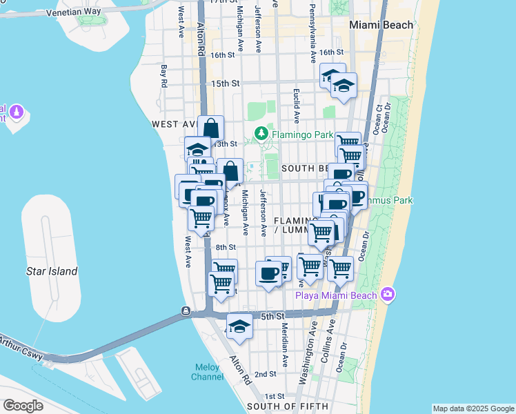 map of restaurants, bars, coffee shops, grocery stores, and more near 960 Jefferson Avenue in Miami Beach