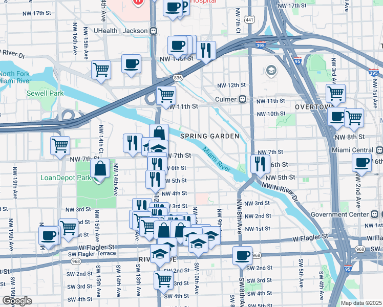 map of restaurants, bars, coffee shops, grocery stores, and more near 999 Northwest 7th Street in Miami