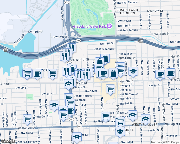 map of restaurants, bars, coffee shops, grocery stores, and more near 3930 Northwest 9th Street in Miami