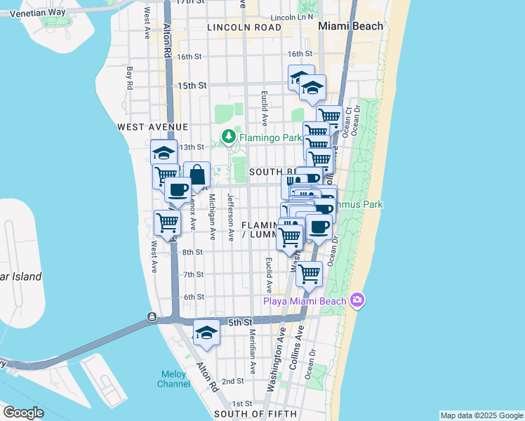 map of restaurants, bars, coffee shops, grocery stores, and more near 732 10th Street in Miami Beach
