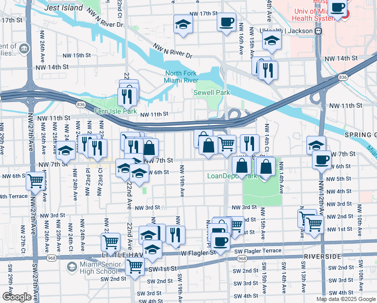 map of restaurants, bars, coffee shops, grocery stores, and more near 736 Northwest 18th Place in Miami