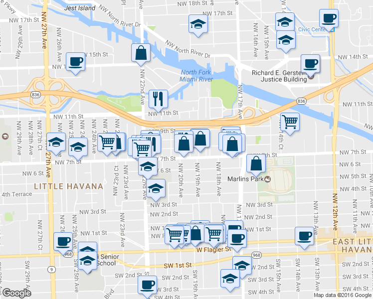 map of restaurants, bars, coffee shops, grocery stores, and more near 730 Northwest 19th Court in Miami