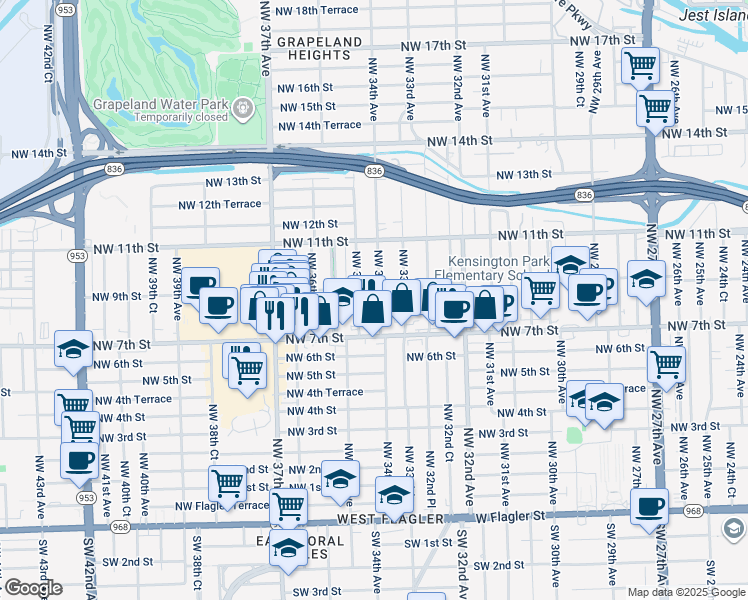 map of restaurants, bars, coffee shops, grocery stores, and more near 814 Northwest 34th Avenue in Miami