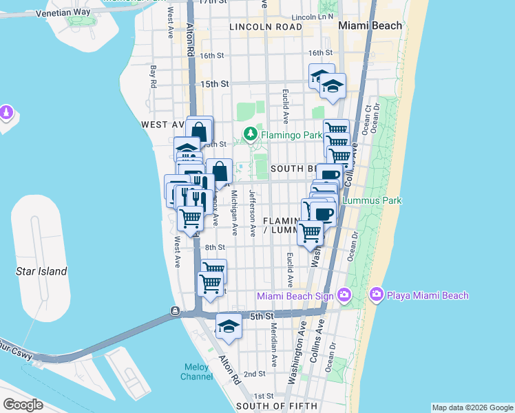 map of restaurants, bars, coffee shops, grocery stores, and more near 960 Jefferson Avenue in Miami Beach
