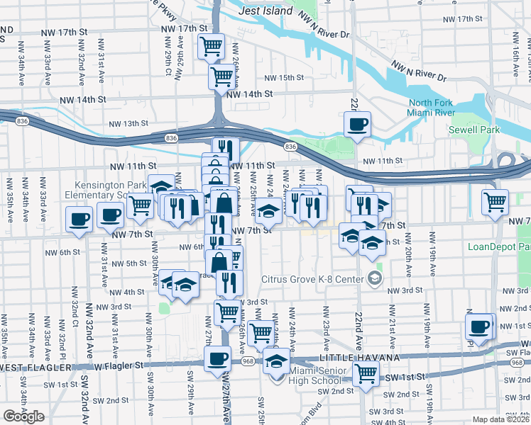 map of restaurants, bars, coffee shops, grocery stores, and more near 752 Northwest 24th Court in Miami