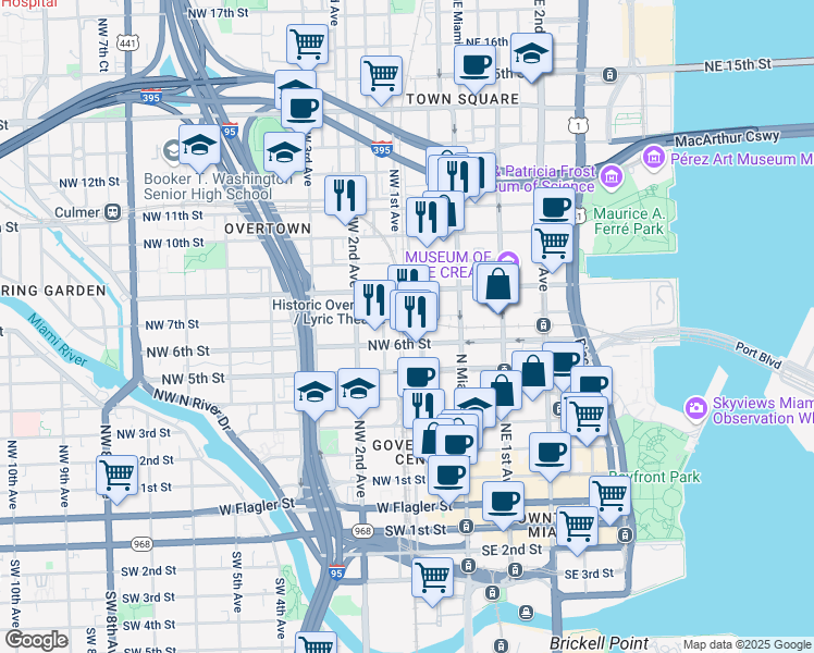 map of restaurants, bars, coffee shops, grocery stores, and more near 604 Northwest 1st Street in Miami
