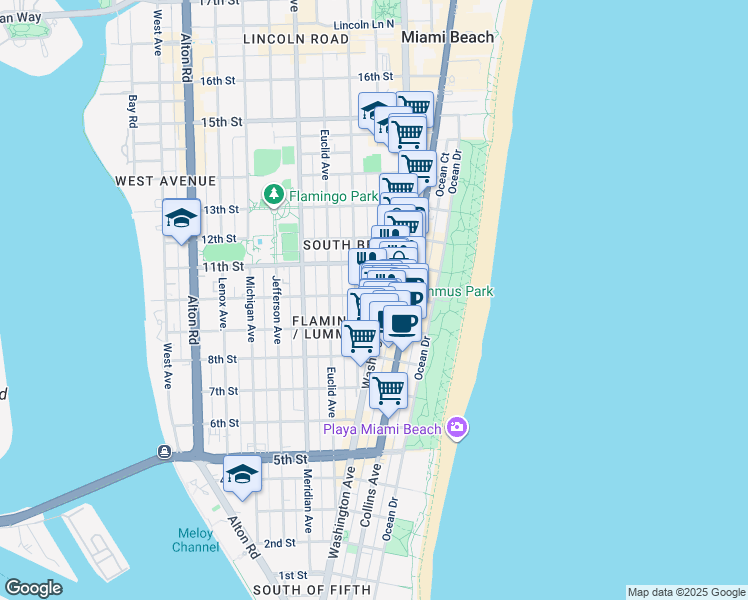 map of restaurants, bars, coffee shops, grocery stores, and more near 956 Washington Avenue in Miami Beach