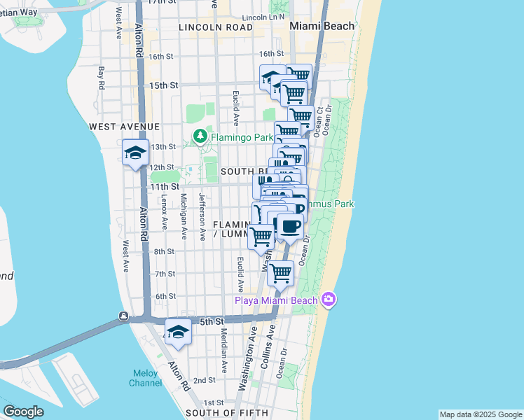 map of restaurants, bars, coffee shops, grocery stores, and more near 956 Washington Avenue in Miami Beach
