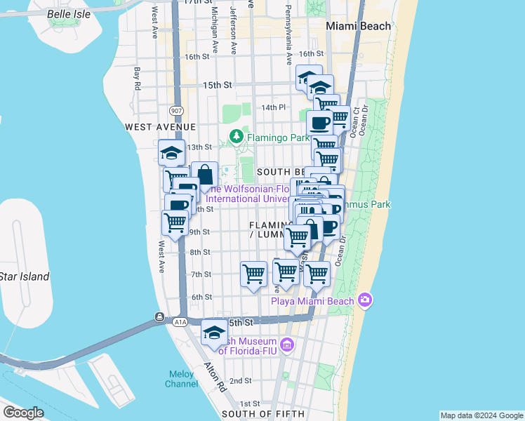 map of restaurants, bars, coffee shops, grocery stores, and more near 732 10th Street in Miami Beach
