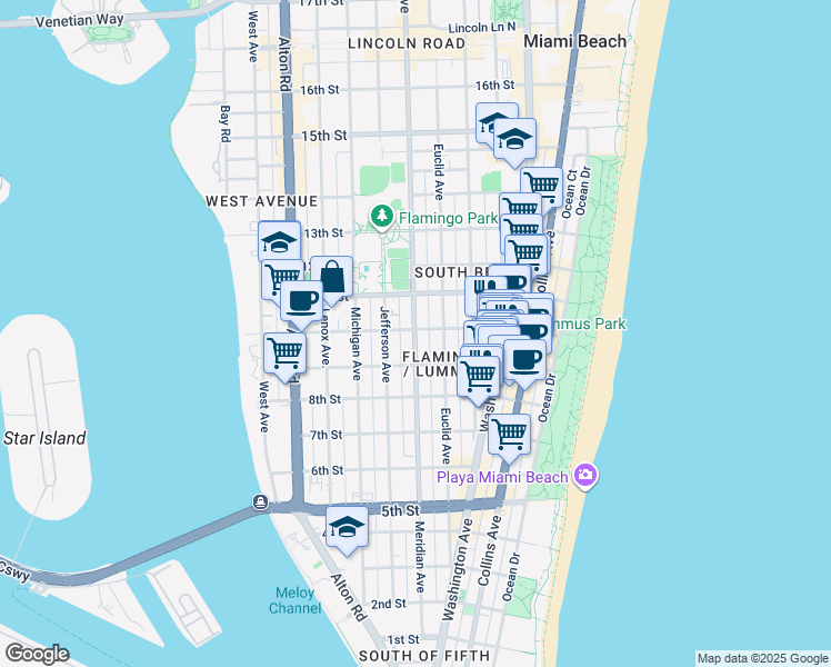 map of restaurants, bars, coffee shops, grocery stores, and more near 732 10th Street in Miami Beach