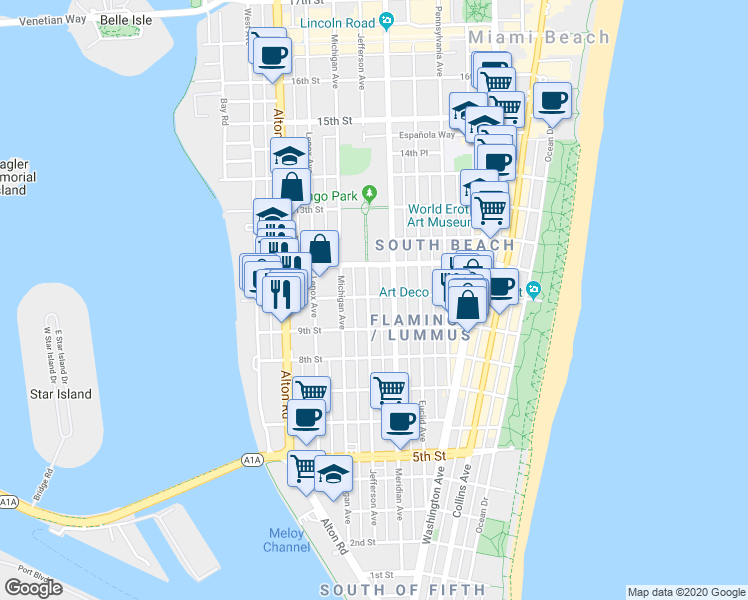 map of restaurants, bars, coffee shops, grocery stores, and more near 960 Jefferson Avenue in Miami Beach