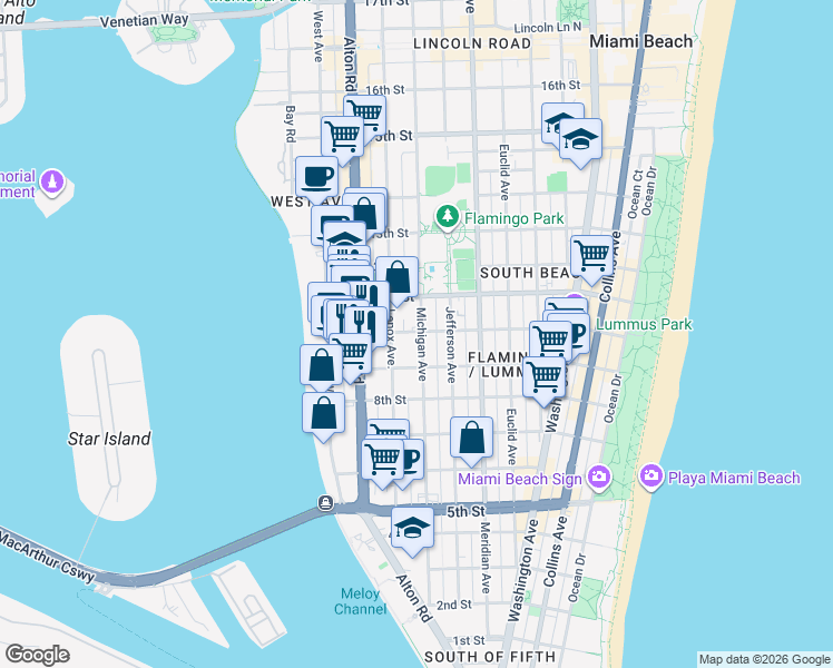 map of restaurants, bars, coffee shops, grocery stores, and more near 1006 10th Street in Miami Beach