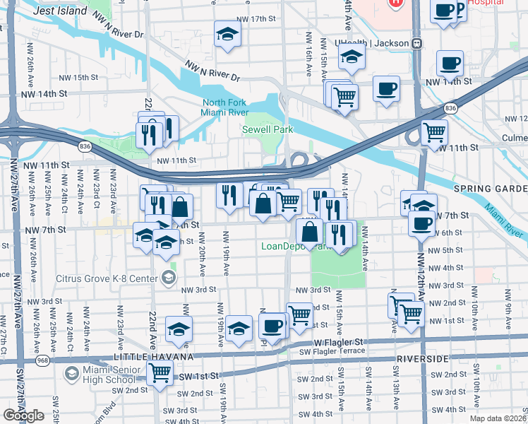 map of restaurants, bars, coffee shops, grocery stores, and more near 718 Northwest 18th Avenue in Miami