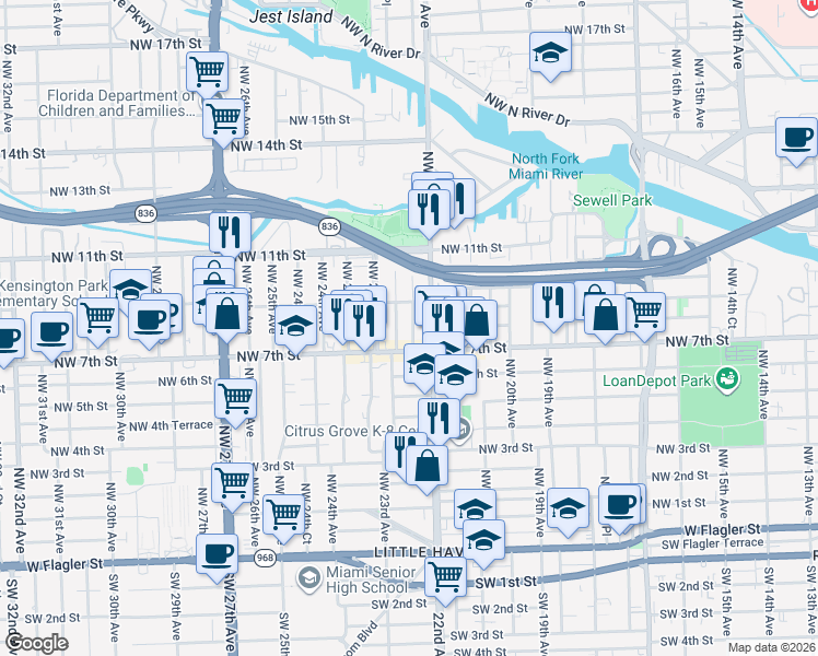 map of restaurants, bars, coffee shops, grocery stores, and more near 744 Northwest 22nd Court in Miami