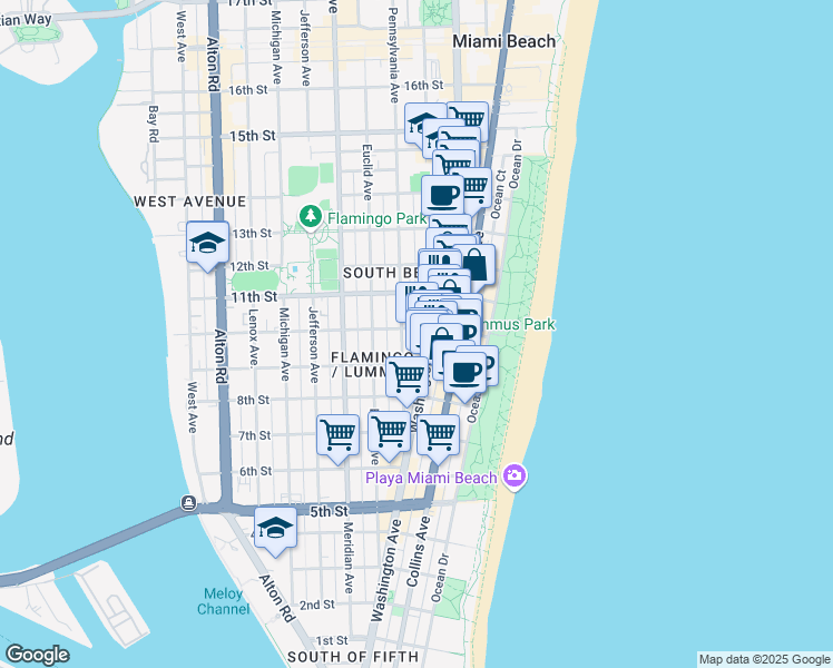 map of restaurants, bars, coffee shops, grocery stores, and more near 956 Washington Avenue in Miami Beach