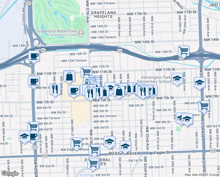 map of restaurants, bars, coffee shops, grocery stores, and more near 841 Pasco Jose De La Luz Y Caballero Court in Miami