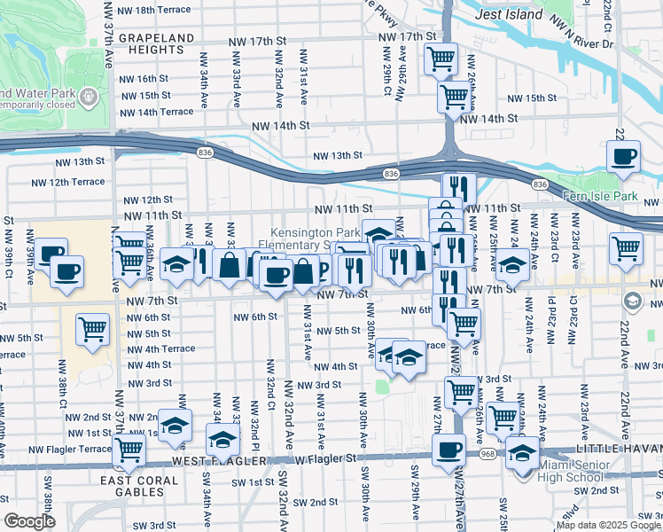 map of restaurants, bars, coffee shops, grocery stores, and more near 801 Northwest 30th Place in Miami