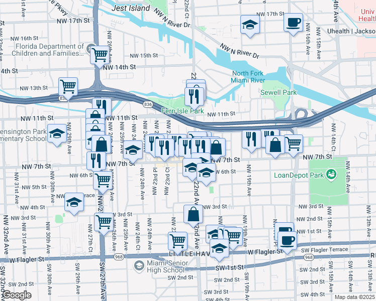 map of restaurants, bars, coffee shops, grocery stores, and more near 747 Northwest 22nd Court in Miami
