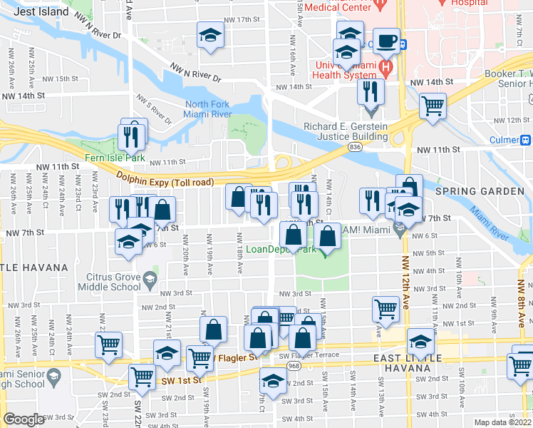 map of restaurants, bars, coffee shops, grocery stores, and more near 765 Northwest 17th Court in Miami