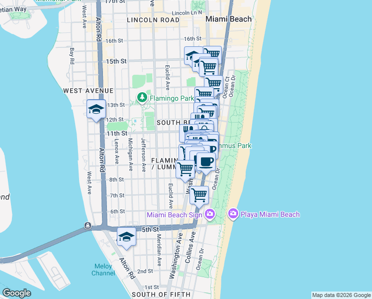 map of restaurants, bars, coffee shops, grocery stores, and more near 956 Washington Avenue in Miami Beach