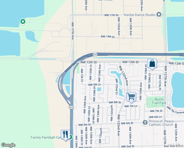 map of restaurants, bars, coffee shops, grocery stores, and more near 1067 Northwest 135th Court in Miami