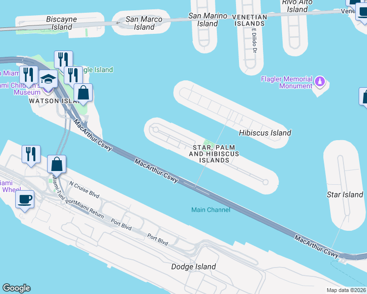 map of restaurants, bars, coffee shops, grocery stores, and more near 220 Palm Avenue in Miami Beach