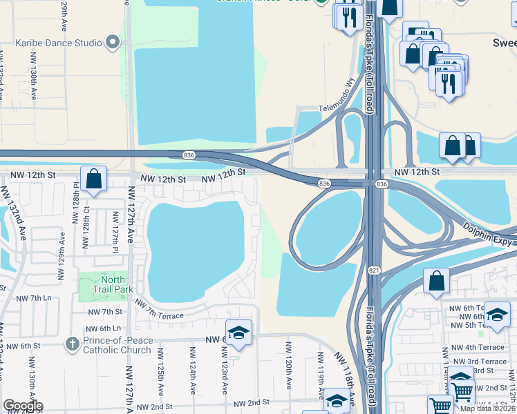 map of restaurants, bars, coffee shops, grocery stores, and more near 12300 Northwest 11th Lane in Miami