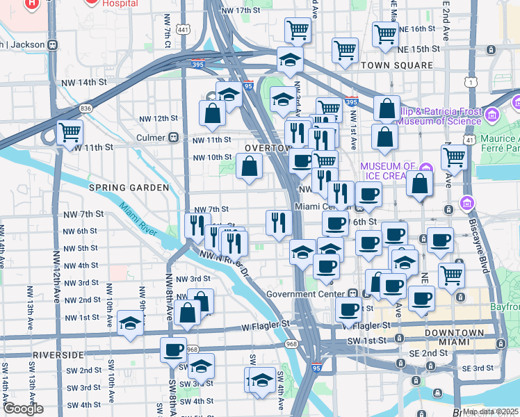 map of restaurants, bars, coffee shops, grocery stores, and more near 432 Northwest 7th Street in Miami