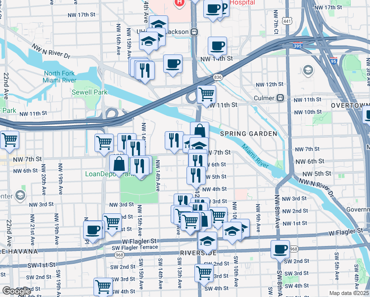 map of restaurants, bars, coffee shops, grocery stores, and more near 721 Northwest 12th Court in Miami