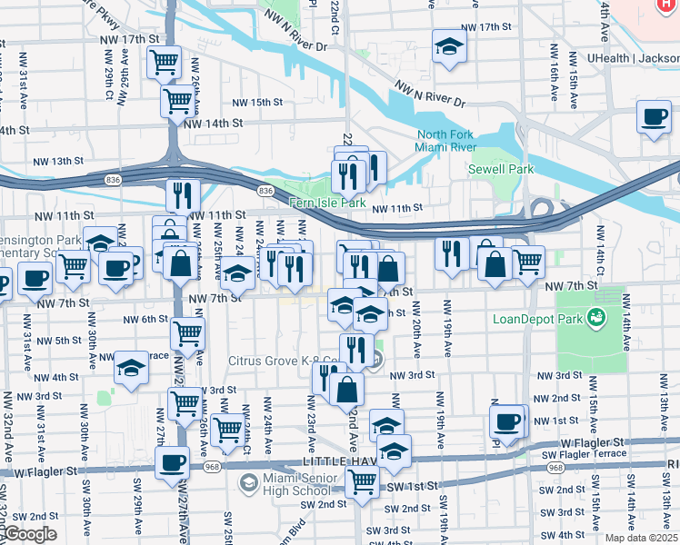 map of restaurants, bars, coffee shops, grocery stores, and more near 747 Northwest 22nd Court in Miami