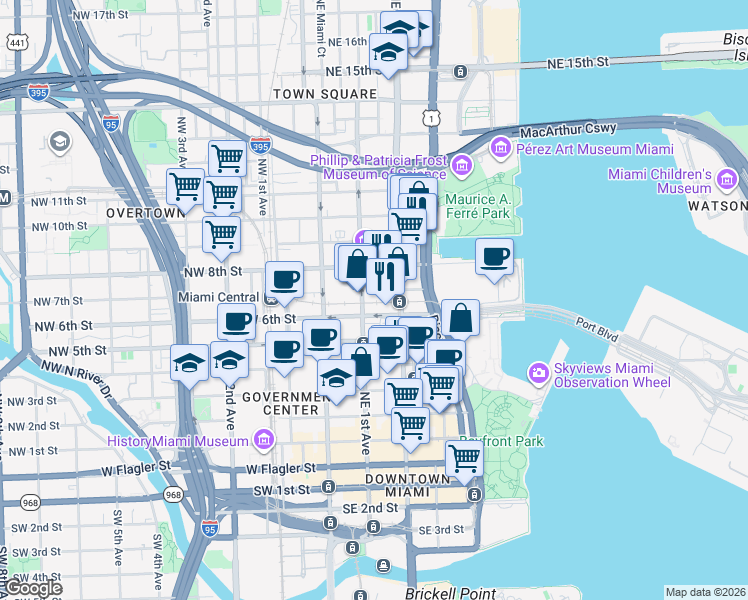 map of restaurants, bars, coffee shops, grocery stores, and more near 601 Northeast 1st Avenue in Miami