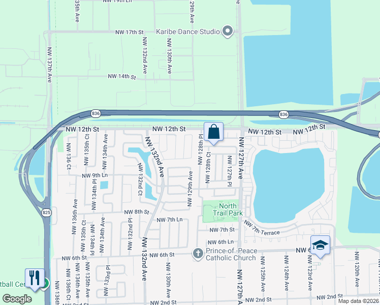 map of restaurants, bars, coffee shops, grocery stores, and more near 1056 Northwest 128th Place in Miami
