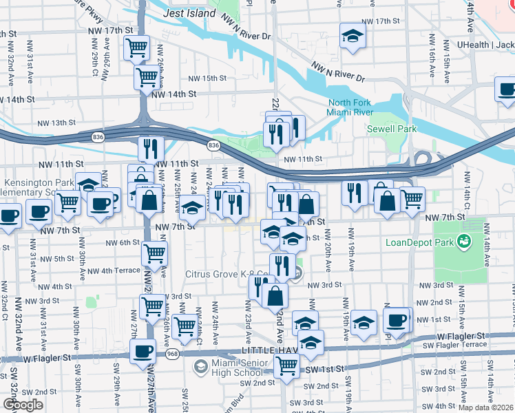 map of restaurants, bars, coffee shops, grocery stores, and more near 755 Northwest 22nd Place in Miami