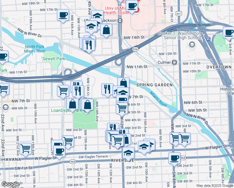 map of restaurants, bars, coffee shops, grocery stores, and more near 721 Northwest 12th Court in Miami