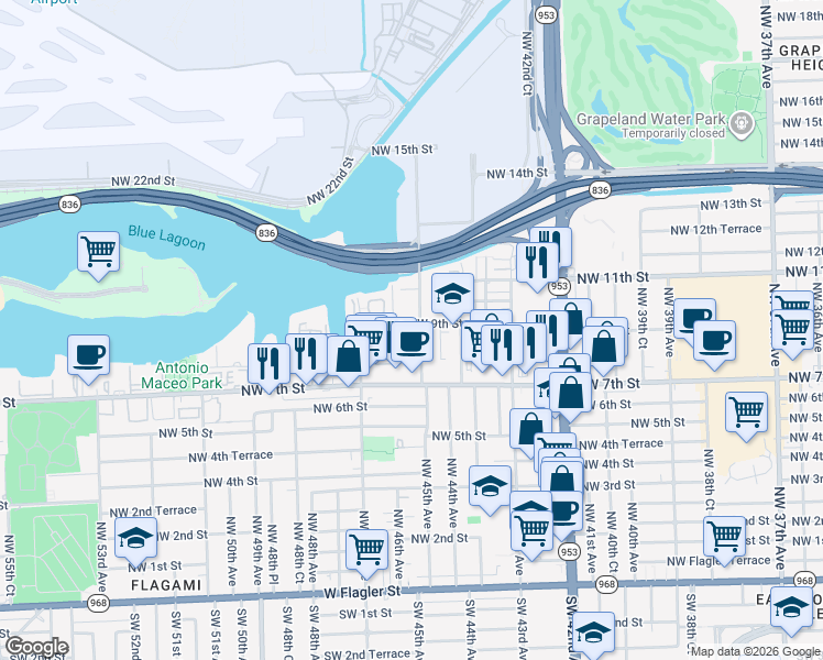 map of restaurants, bars, coffee shops, grocery stores, and more near 891 Northwest 45th Avenue in Miami