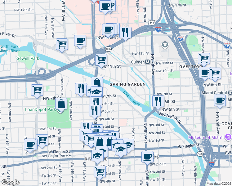 map of restaurants, bars, coffee shops, grocery stores, and more near 999 Northwest 7th Street in Miami