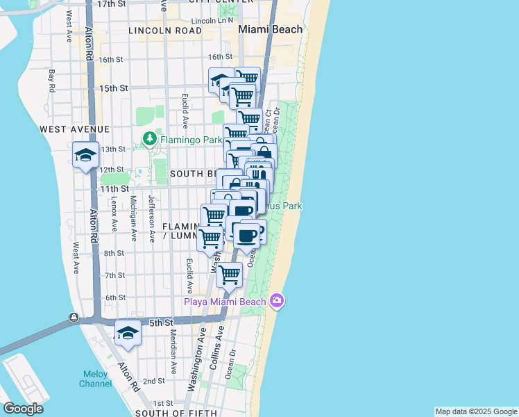 map of restaurants, bars, coffee shops, grocery stores, and more near in Miami Beach