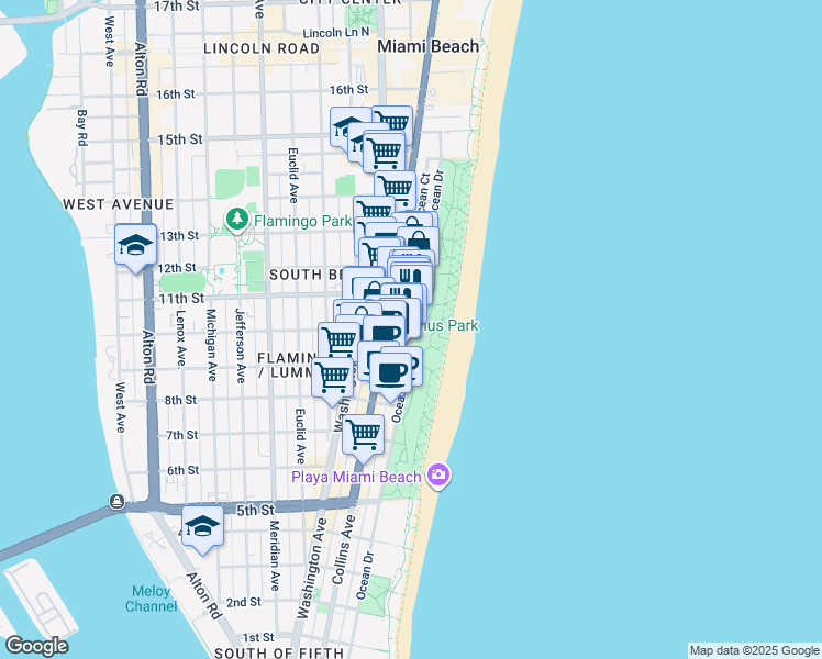 map of restaurants, bars, coffee shops, grocery stores, and more near in Miami Beach