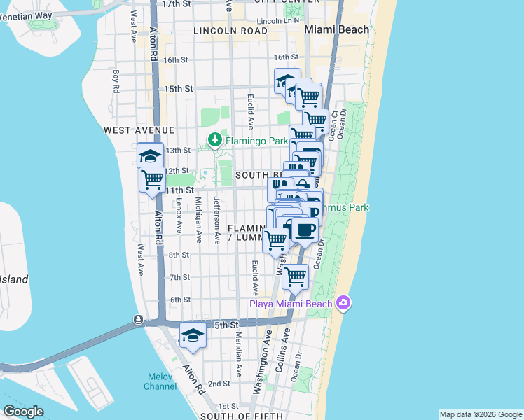map of restaurants, bars, coffee shops, grocery stores, and more near 950 Pennsylvania Avenue in Miami Beach