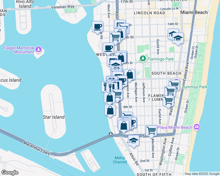 map of restaurants, bars, coffee shops, grocery stores, and more near 999 West Avenue in Miami Beach