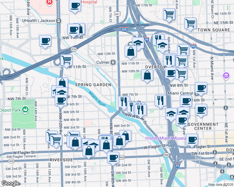 map of restaurants, bars, coffee shops, grocery stores, and more near 690 Northwest 7th Street in Miami