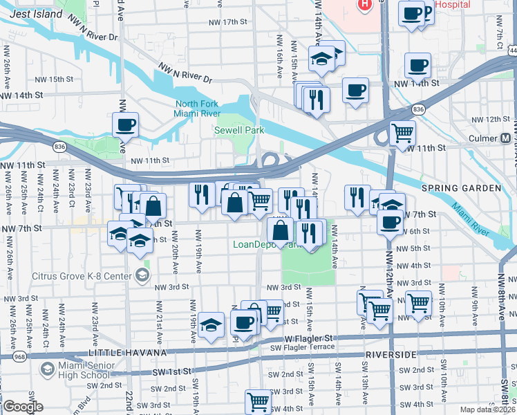 map of restaurants, bars, coffee shops, grocery stores, and more near in Miami